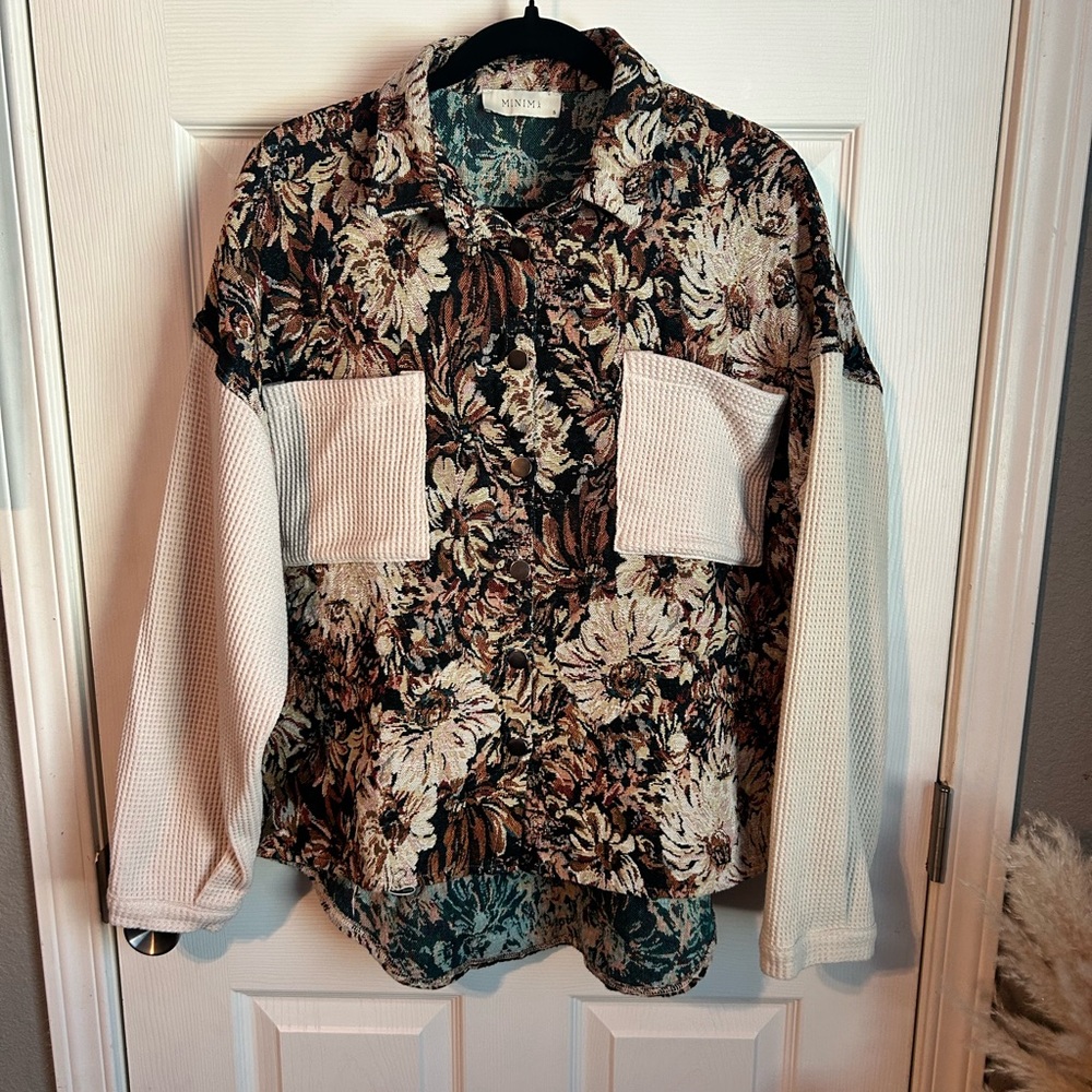 Floral Shacket/Button-Up with Cream Knit Sleeves